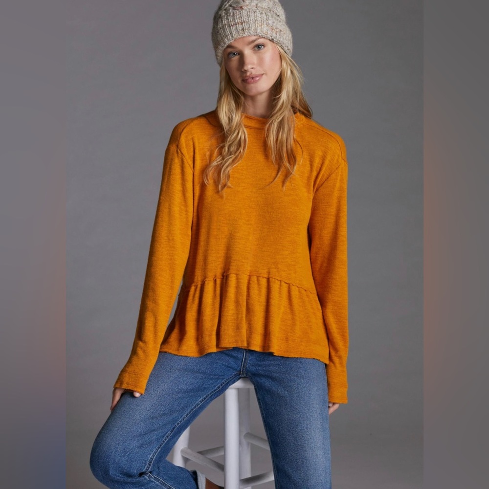 Anthropologie Pilcro Mock Neck Peplum Top Women’s M Mustard Yellow Burnout Shirt